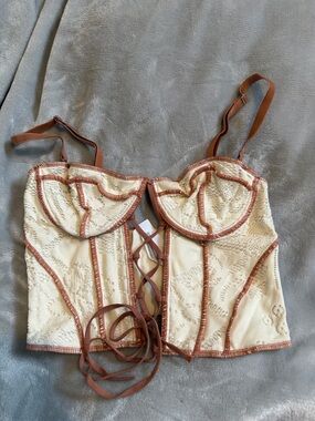 Urban Outfitters Cream Lace Bustier with Brown Trim